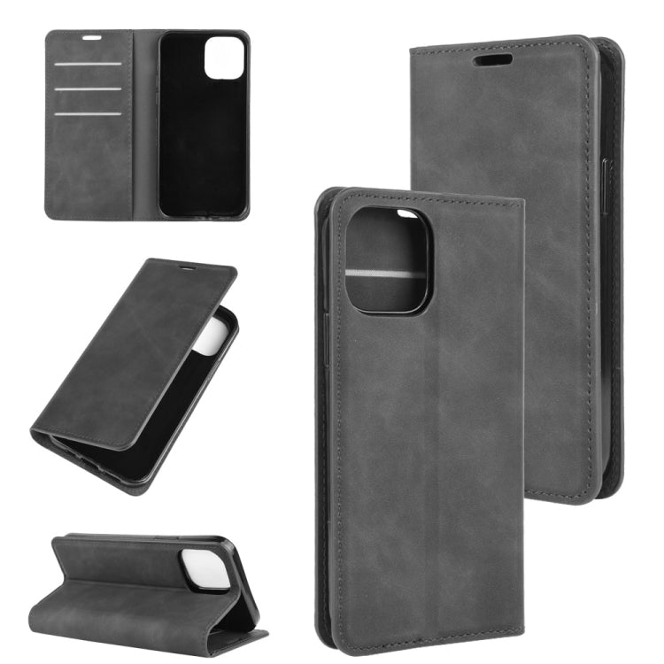 For iPhone 12 / 12 Pro Retro-skin Business Magnetic Suction Leather Case with Holder & Card Slots & Wallet