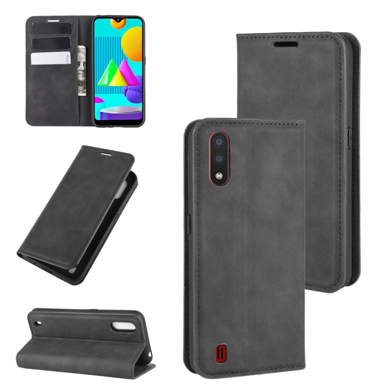 For Samsung Galaxy M01 Retro-skin Business Magnetic Suction Leather Case with Holder & Card Slots & Wallet