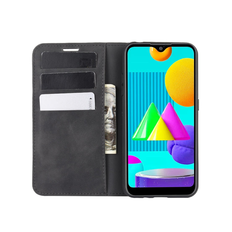 For Samsung Galaxy M01 Retro-skin Business Magnetic Suction Leather Case with Holder & Card Slots & Wallet
