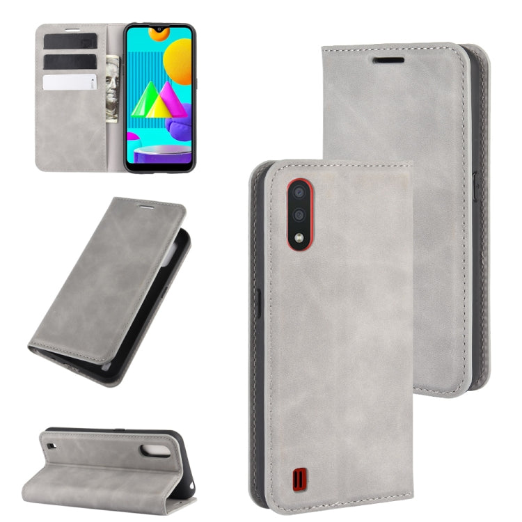 For Samsung Galaxy M01 Retro-skin Business Magnetic Suction Leather Case with Holder & Card Slots & Wallet