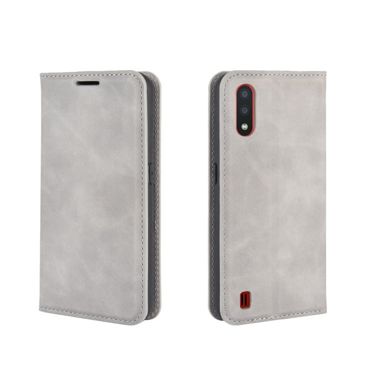 For Samsung Galaxy M01 Retro-skin Business Magnetic Suction Leather Case with Holder & Card Slots & Wallet