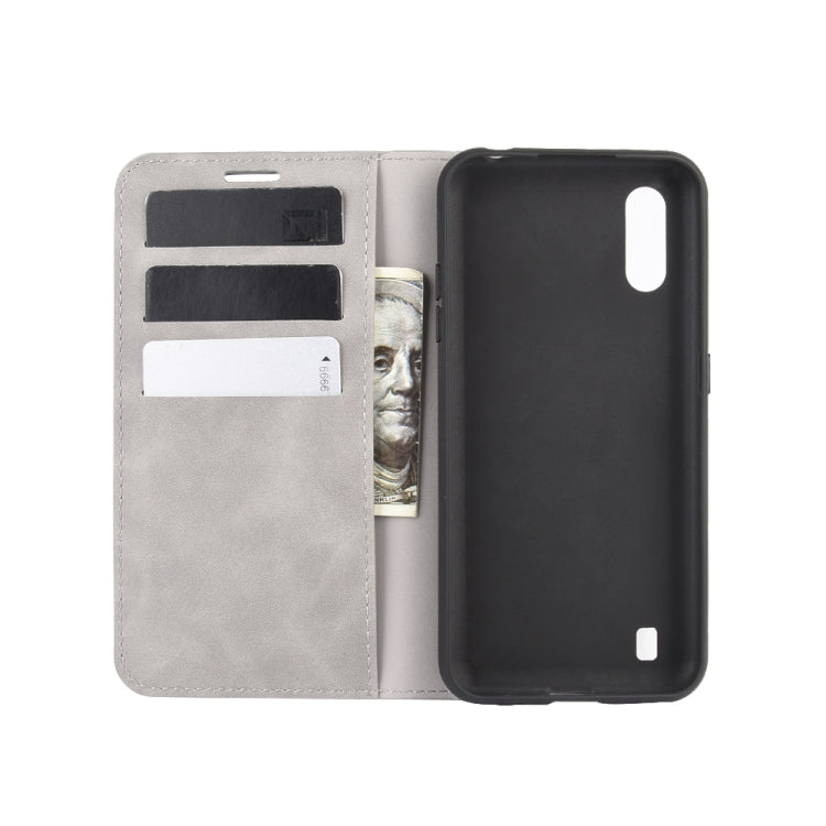 For Samsung Galaxy M01 Retro-skin Business Magnetic Suction Leather Case with Holder & Card Slots & Wallet