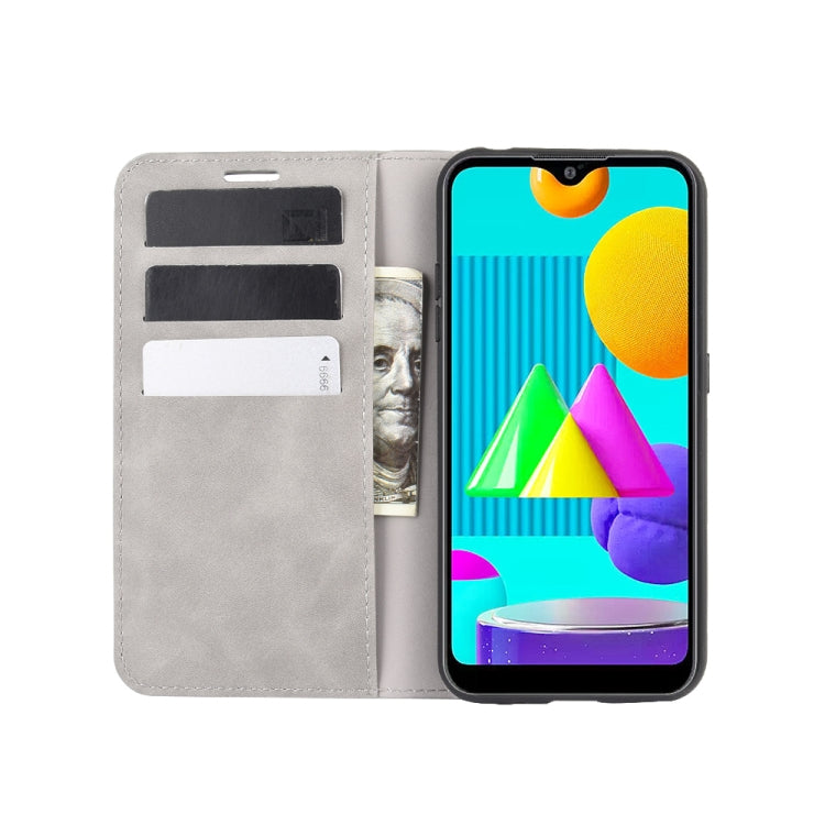 For Samsung Galaxy M01 Retro-skin Business Magnetic Suction Leather Case with Holder & Card Slots & Wallet