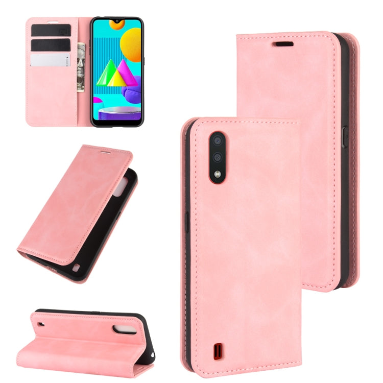 For Samsung Galaxy M01 Retro-skin Business Magnetic Suction Leather Case with Holder & Card Slots & Wallet