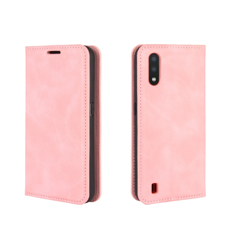 For Samsung Galaxy M01 Retro-skin Business Magnetic Suction Leather Case with Holder & Card Slots & Wallet