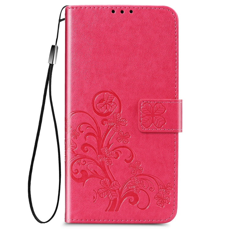 For LG K61 Four-leaf Clasp Embossed Buckle Mobile Phone Protection Leather Case with Lanyard & Card Slot & Wallet & Bracket Function