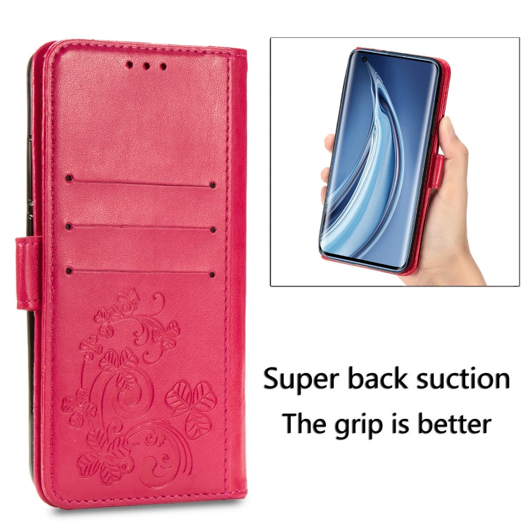 For LG K61 Four-leaf Clasp Embossed Buckle Mobile Phone Protection Leather Case with Lanyard & Card Slot & Wallet & Bracket Function