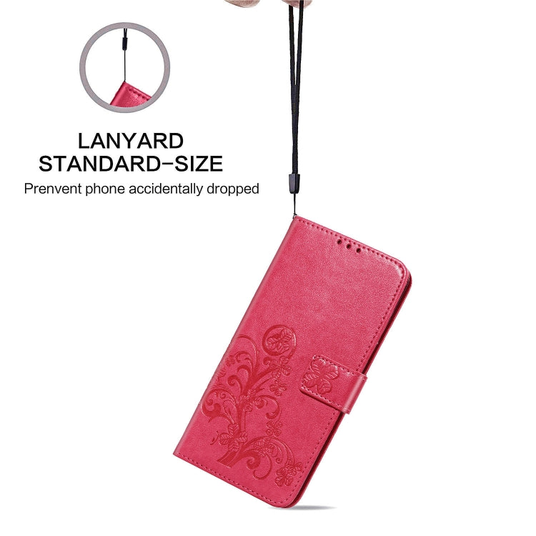 For LG K61 Four-leaf Clasp Embossed Buckle Mobile Phone Protection Leather Case with Lanyard & Card Slot & Wallet & Bracket Function