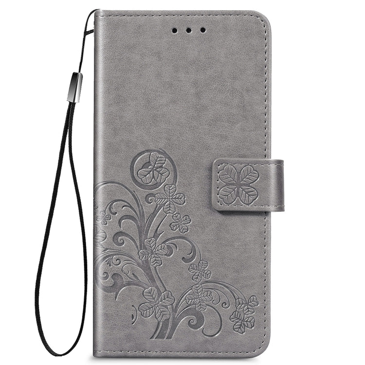 For LG K61 Four-leaf Clasp Embossed Buckle Mobile Phone Protection Leather Case with Lanyard & Card Slot & Wallet & Bracket Function