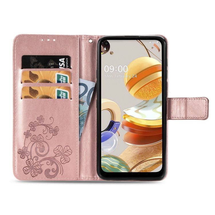 For LG K61 Four-leaf Clasp Embossed Buckle Mobile Phone Protection Leather Case with Lanyard & Card Slot & Wallet & Bracket Function