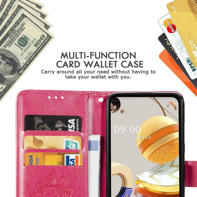 For LG K61 Four-leaf Clasp Embossed Buckle Mobile Phone Protection Leather Case with Lanyard & Card Slot & Wallet & Bracket Function