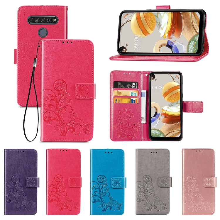 For LG K61 Four-leaf Clasp Embossed Buckle Mobile Phone Protection Leather Case with Lanyard & Card Slot & Wallet & Bracket Function