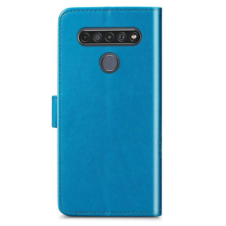 For LG K61 Four-leaf Clasp Embossed Buckle Mobile Phone Protection Leather Case with Lanyard & Card Slot & Wallet & Bracket Function