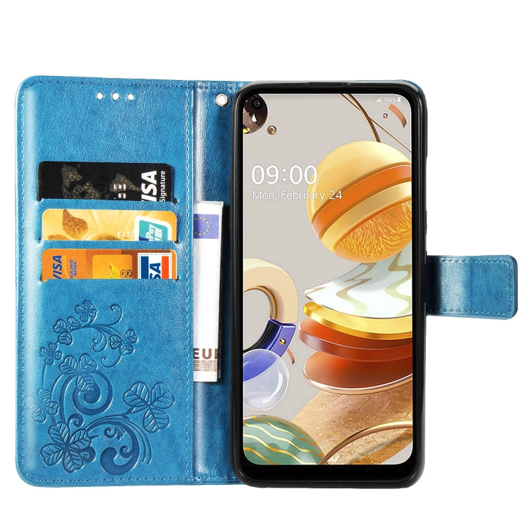 For LG K61 Four-leaf Clasp Embossed Buckle Mobile Phone Protection Leather Case with Lanyard & Card Slot & Wallet & Bracket Function
