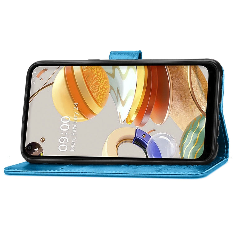 For LG K61 Four-leaf Clasp Embossed Buckle Mobile Phone Protection Leather Case with Lanyard & Card Slot & Wallet & Bracket Function