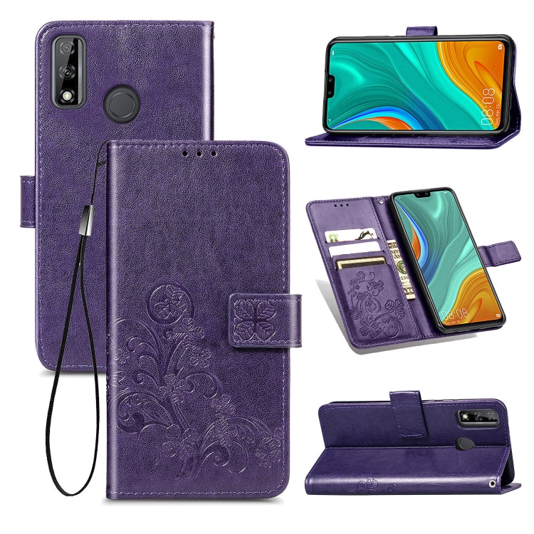 For Huawei Y8S Four-leaf Clasp Embossed Buckle Mobile Phone Protection Leather Case with Lanyard & Card Slot & Wallet & Bracket Function