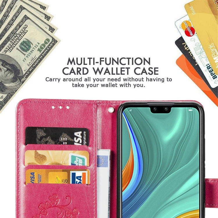 For Huawei Y8S Four-leaf Clasp Embossed Buckle Mobile Phone Protection Leather Case with Lanyard & Card Slot & Wallet & Bracket Function