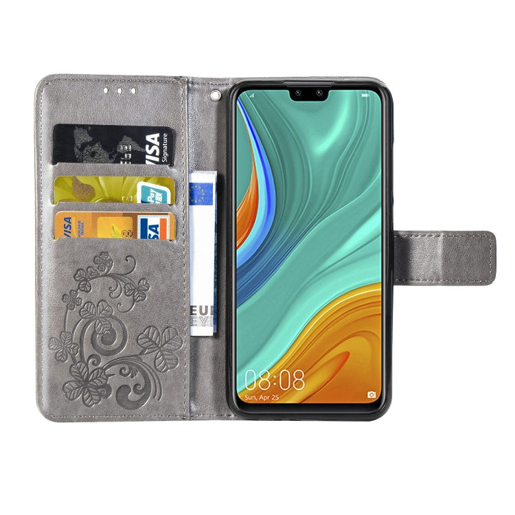 For Huawei Y8S Four-leaf Clasp Embossed Buckle Mobile Phone Protection Leather Case with Lanyard & Card Slot & Wallet & Bracket Function