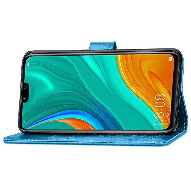 For Huawei Y8S Four-leaf Clasp Embossed Buckle Mobile Phone Protection Leather Case with Lanyard & Card Slot & Wallet & Bracket Function