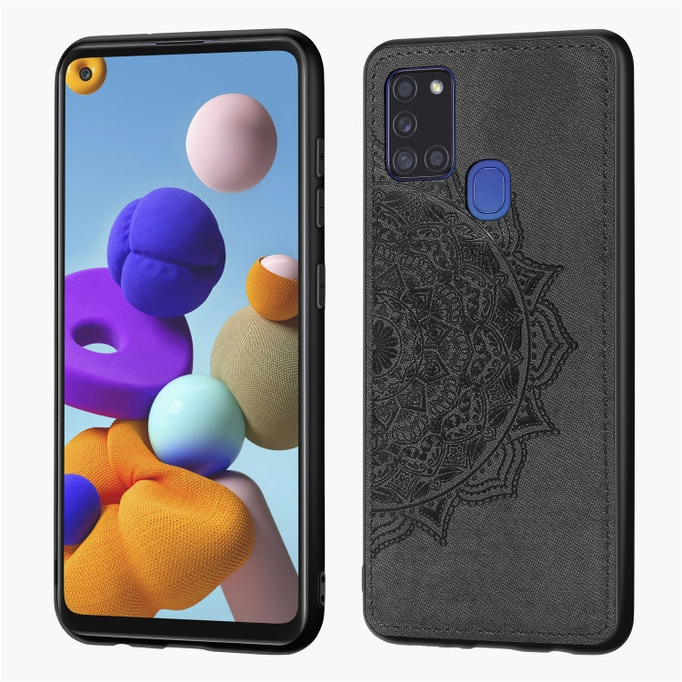 For Samsung Galaxy A21s Mandala Embossed Cloth Cover PC + TPU Mobile Phone Case with Magnetic Function and Hand Strap