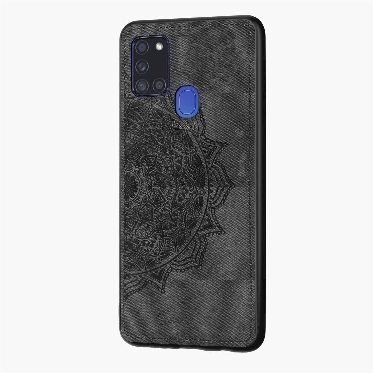 For Samsung Galaxy A21s Mandala Embossed Cloth Cover PC + TPU Mobile Phone Case with Magnetic Function and Hand Strap