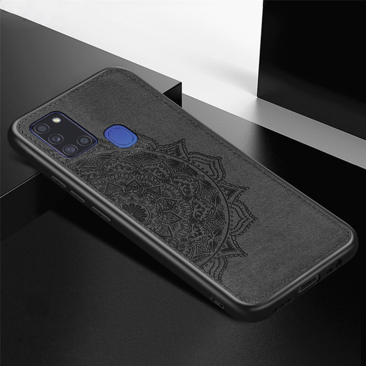 For Samsung Galaxy A21s Mandala Embossed Cloth Cover PC + TPU Mobile Phone Case with Magnetic Function and Hand Strap