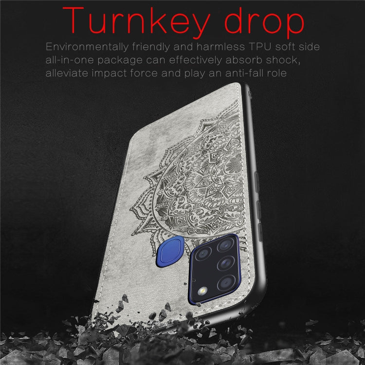 For Samsung Galaxy A21s Mandala Embossed Cloth Cover PC + TPU Mobile Phone Case with Magnetic Function and Hand Strap