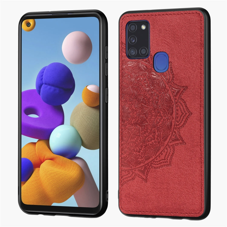 For Samsung Galaxy A21s Mandala Embossed Cloth Cover PC + TPU Mobile Phone Case with Magnetic Function and Hand Strap