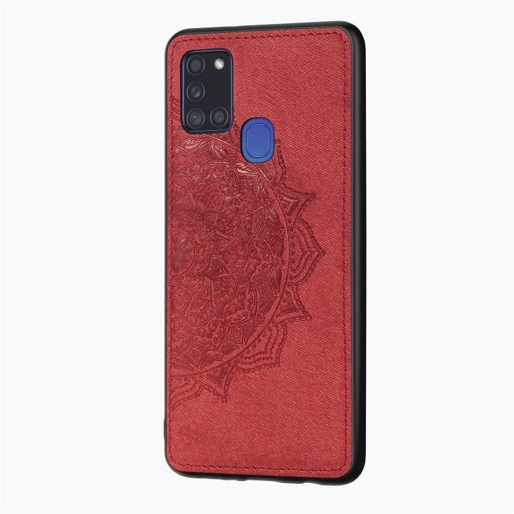 For Samsung Galaxy A21s Mandala Embossed Cloth Cover PC + TPU Mobile Phone Case with Magnetic Function and Hand Strap