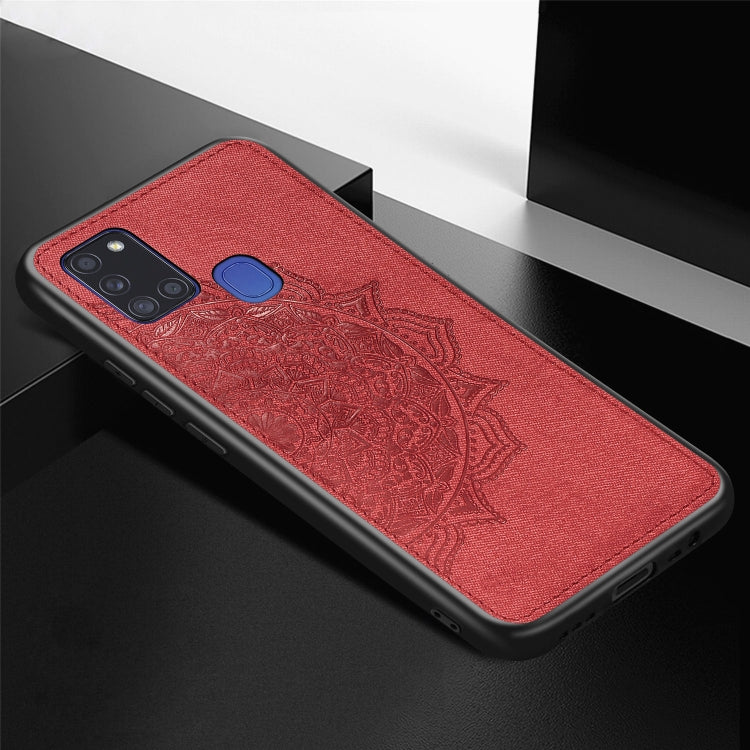 For Samsung Galaxy A21s Mandala Embossed Cloth Cover PC + TPU Mobile Phone Case with Magnetic Function and Hand Strap