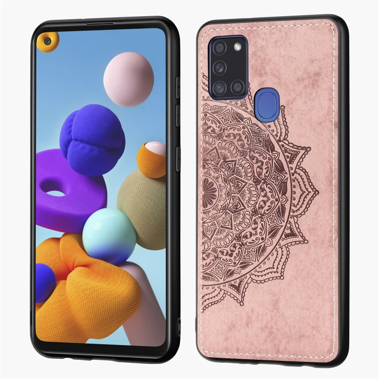 For Samsung Galaxy A21s Mandala Embossed Cloth Cover PC + TPU Mobile Phone Case with Magnetic Function and Hand Strap