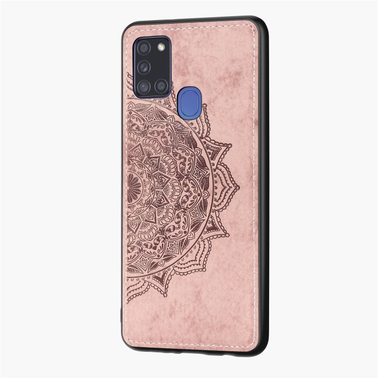 For Samsung Galaxy A21s Mandala Embossed Cloth Cover PC + TPU Mobile Phone Case with Magnetic Function and Hand Strap