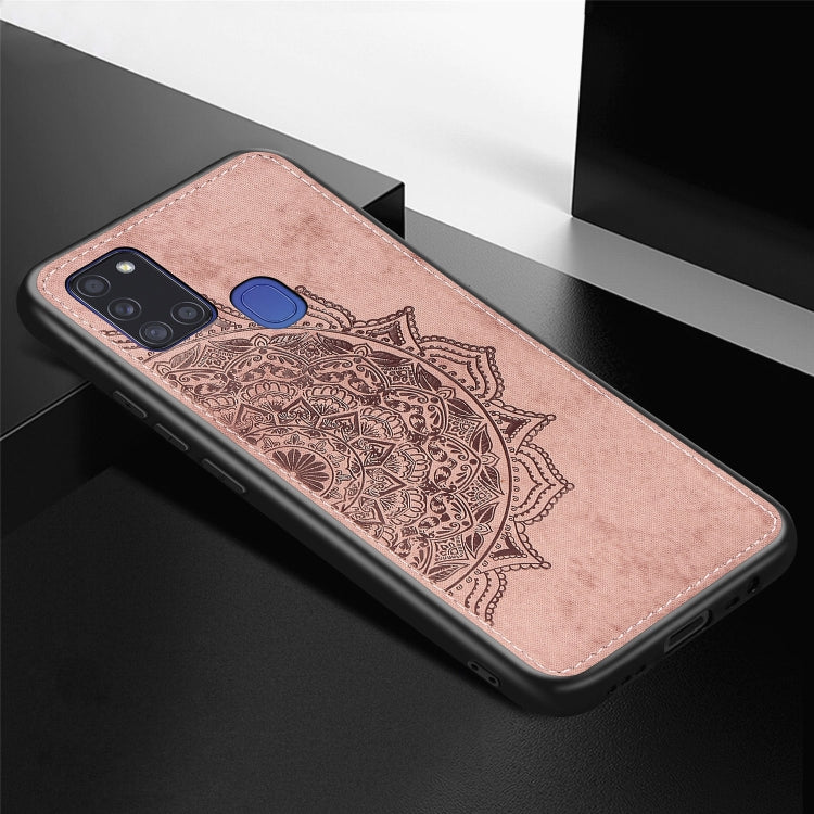 For Samsung Galaxy A21s Mandala Embossed Cloth Cover PC + TPU Mobile Phone Case with Magnetic Function and Hand Strap