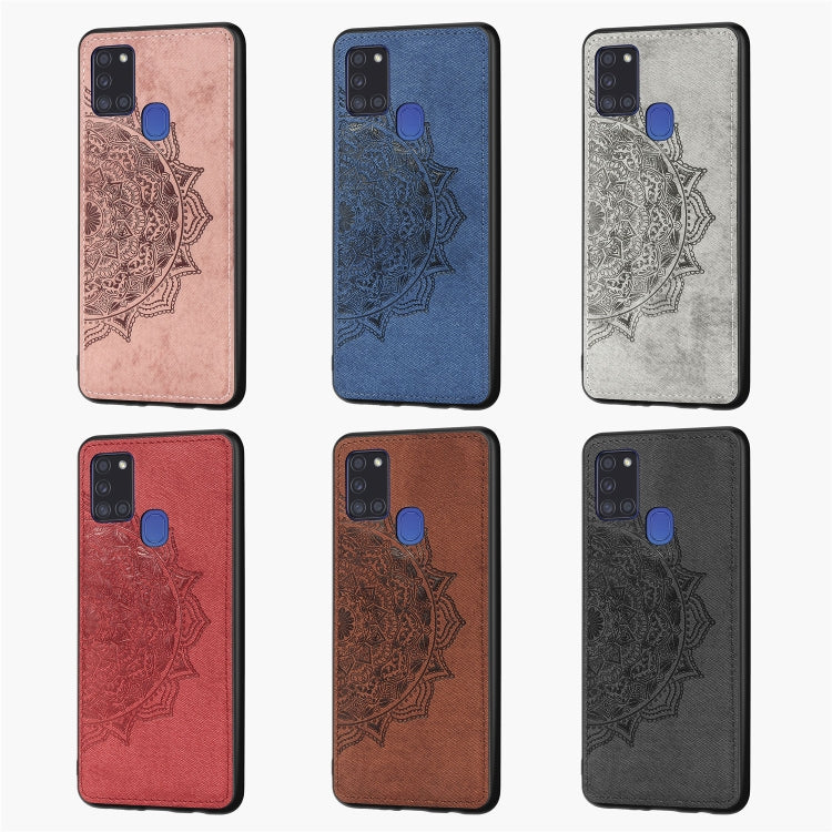 For Samsung Galaxy A21s Mandala Embossed Cloth Cover PC + TPU Mobile Phone Case with Magnetic Function and Hand Strap