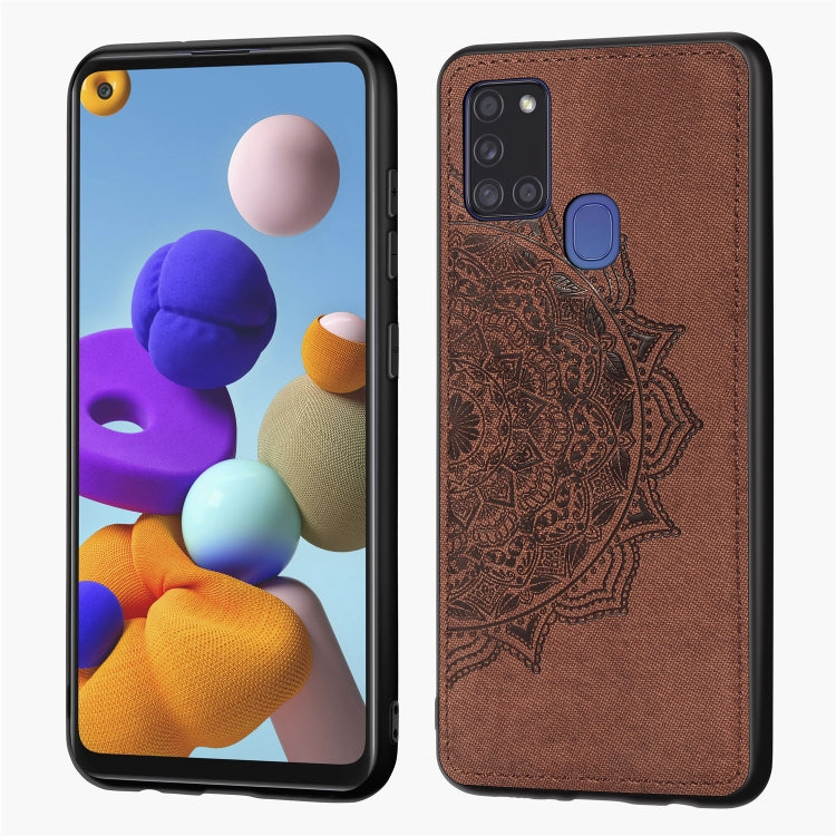 For Samsung Galaxy A21s Mandala Embossed Cloth Cover PC + TPU Mobile Phone Case with Magnetic Function and Hand Strap