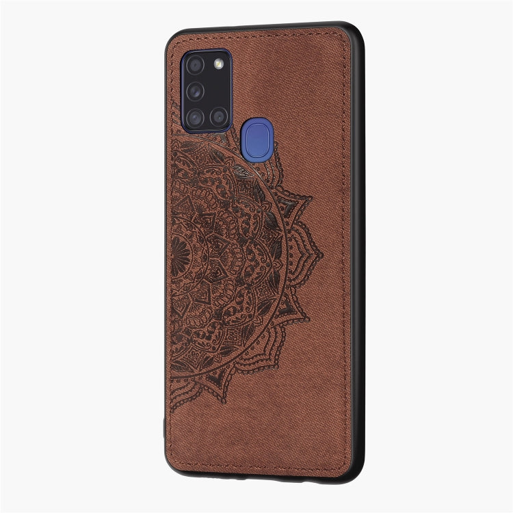 For Samsung Galaxy A21s Mandala Embossed Cloth Cover PC + TPU Mobile Phone Case with Magnetic Function and Hand Strap