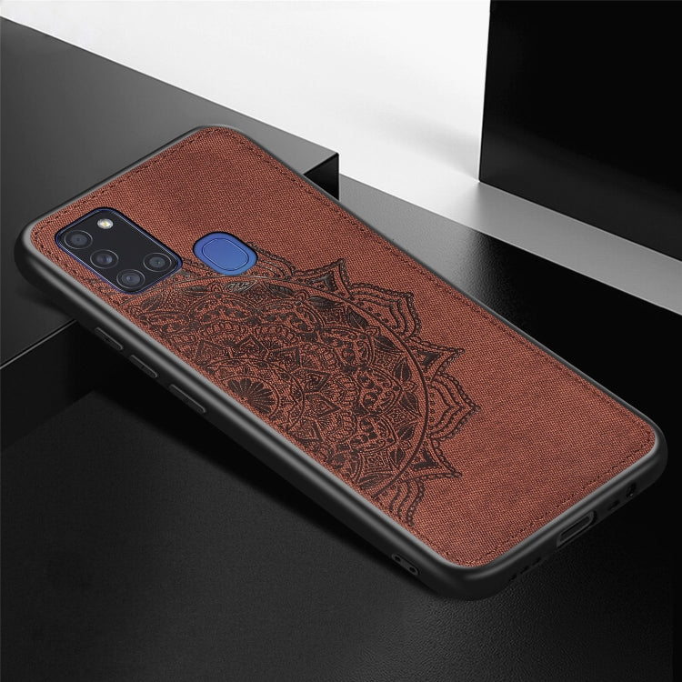 For Samsung Galaxy A21s Mandala Embossed Cloth Cover PC + TPU Mobile Phone Case with Magnetic Function and Hand Strap