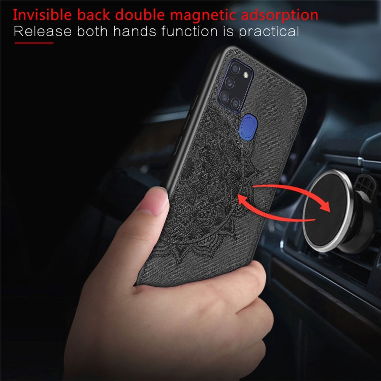 For Samsung Galaxy A21s Mandala Embossed Cloth Cover PC + TPU Mobile Phone Case with Magnetic Function and Hand Strap