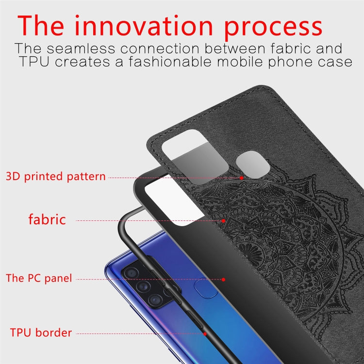 For Samsung Galaxy A21s Mandala Embossed Cloth Cover PC + TPU Mobile Phone Case with Magnetic Function and Hand Strap