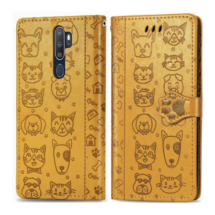 For OPPO A5 (2020) / A9 (2020) Cute Cat and Dog Embossed Horizontal Flip Leather Case with Holder & Card Slots & Wallet & Cartoon Clasp & Lanyard