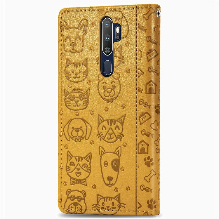 For OPPO A5 (2020) / A9 (2020) Cute Cat and Dog Embossed Horizontal Flip Leather Case with Holder & Card Slots & Wallet & Cartoon Clasp & Lanyard