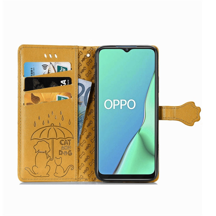 For OPPO A5 (2020) / A9 (2020) Cute Cat and Dog Embossed Horizontal Flip Leather Case with Holder & Card Slots & Wallet & Cartoon Clasp & Lanyard