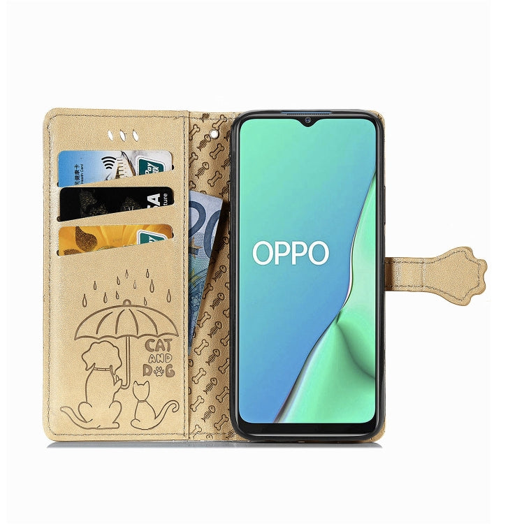 For OPPO A5 (2020) / A9 (2020) Cute Cat and Dog Embossed Horizontal Flip Leather Case with Holder & Card Slots & Wallet & Cartoon Clasp & Lanyard