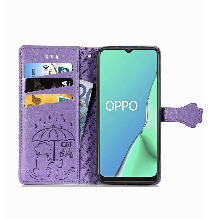 For OPPO A5 (2020) / A9 (2020) Cute Cat and Dog Embossed Horizontal Flip Leather Case with Holder & Card Slots & Wallet & Cartoon Clasp & Lanyard