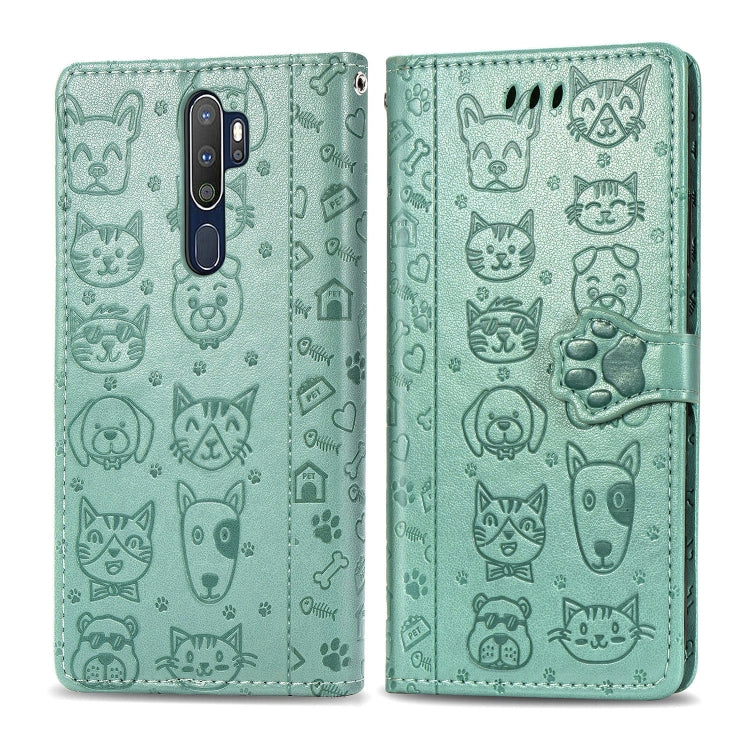 For OPPO A5 (2020) / A9 (2020) Cute Cat and Dog Embossed Horizontal Flip Leather Case with Holder & Card Slots & Wallet & Cartoon Clasp & Lanyard