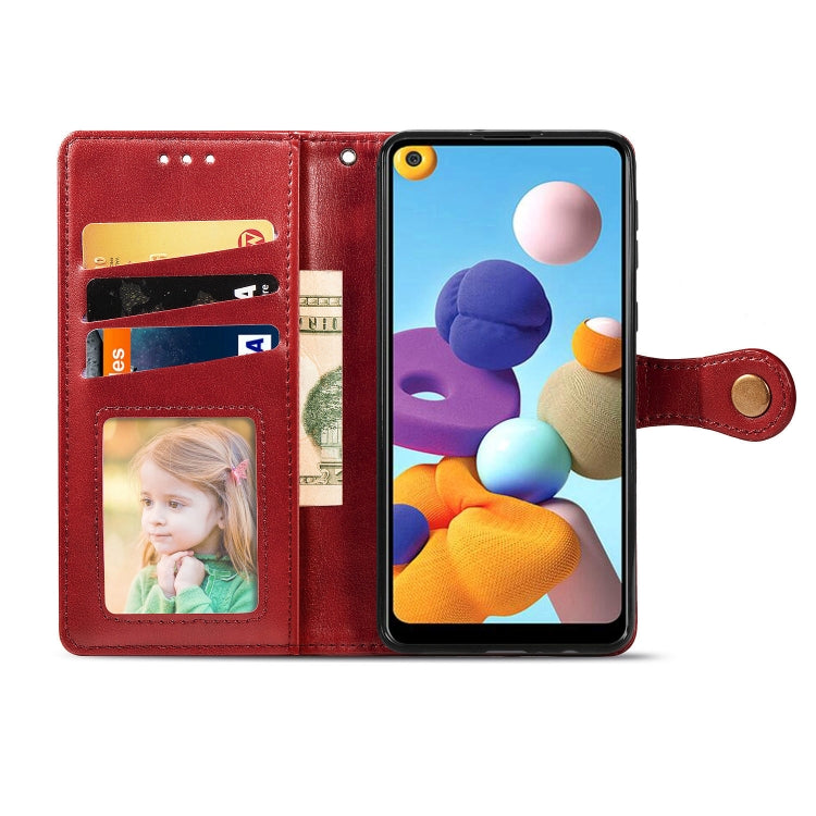 For Samsung Galaxy A21 U.S. Edition Retro Solid Color Leather Buckle Phone Case with Lanyard & Photo Frame & Card Slot & Wallet & Stand Function(Red)