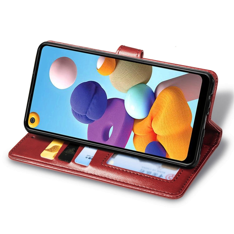 For Samsung Galaxy A21 U.S. Edition Retro Solid Color Leather Buckle Phone Case with Lanyard & Photo Frame & Card Slot & Wallet & Stand Function(Red)
