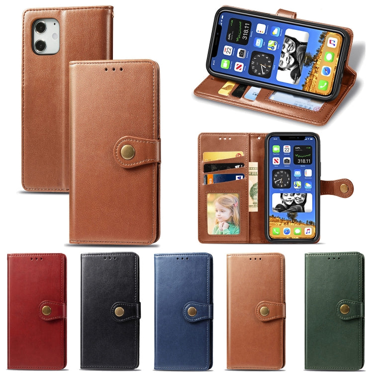 For iPhone 12 Pro Max Retro Solid Color Leather Buckle Phone Case with Lanyard & Photo Frame & Card Slot & Wallet & Stand Function
