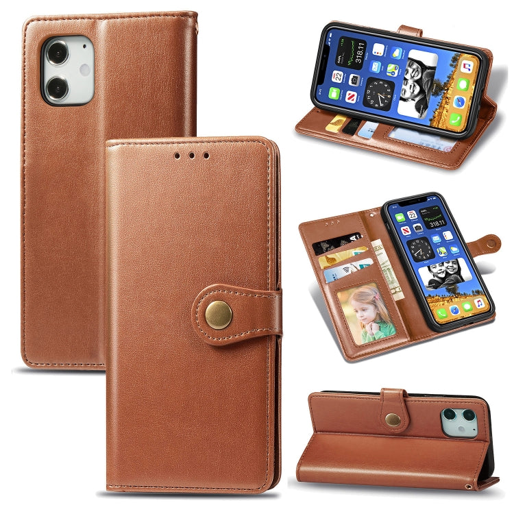 For iPhone 12 Pro Max Retro Solid Color Leather Buckle Phone Case with Lanyard & Photo Frame & Card Slot & Wallet & Stand Function