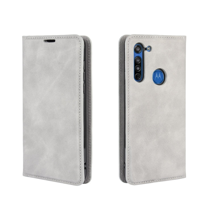 For Motorola Moto G8 Retro-skin Business Magnetic Suction Leather Case with Holder & Card Slots & Wallet
